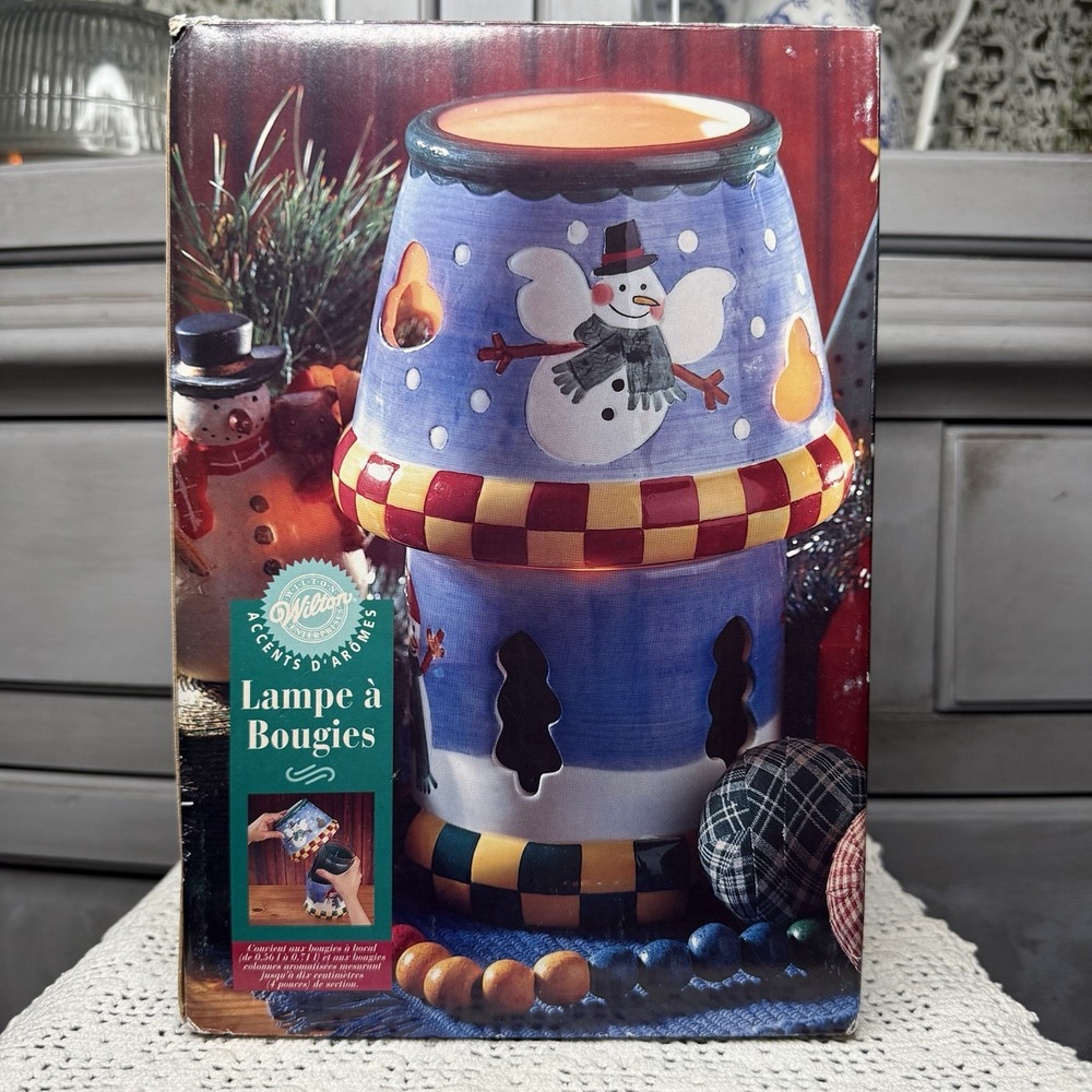 VTG Wilton Candle Holder Lamp Hand-Painted Country Snowman Christmas Tree w Box